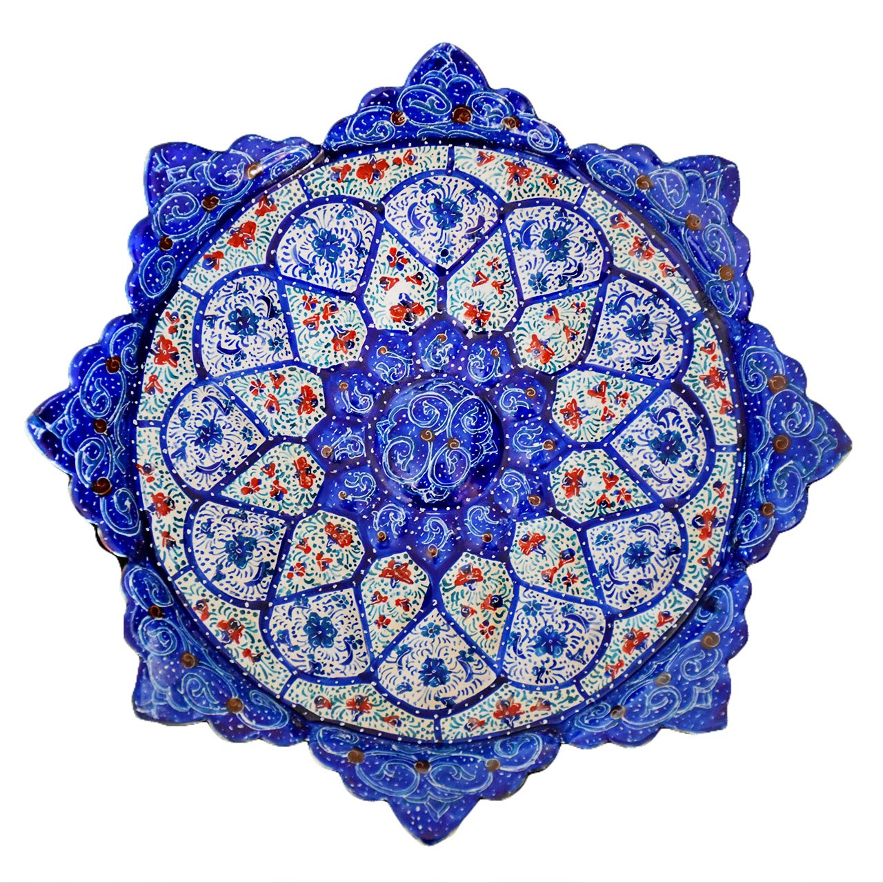 بشقاب مسی میناکاری شده سی دا طرح اسلیمی خطائی کد MI01075 قطر 16 سانتی متر