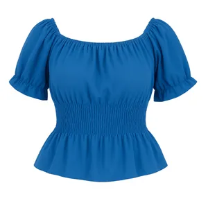 بلوز آستین کوتاه یقه خشتی زنانه مدل پفکی یقه دو حالته 