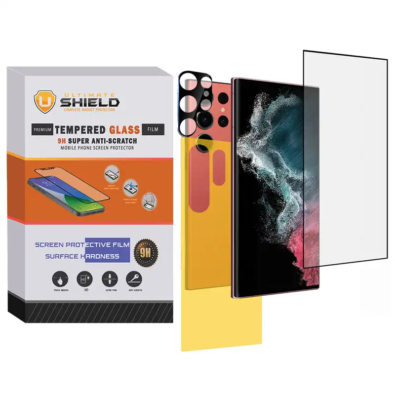 محافظ لنز دوربین آلتیمیت شیلد مدل 3D-FT مناسب برای گوشی موبایل سامسونگ Galaxy S22 Ultra به همراه محافظ صفحه نمایش و محافظ پشت گوشی