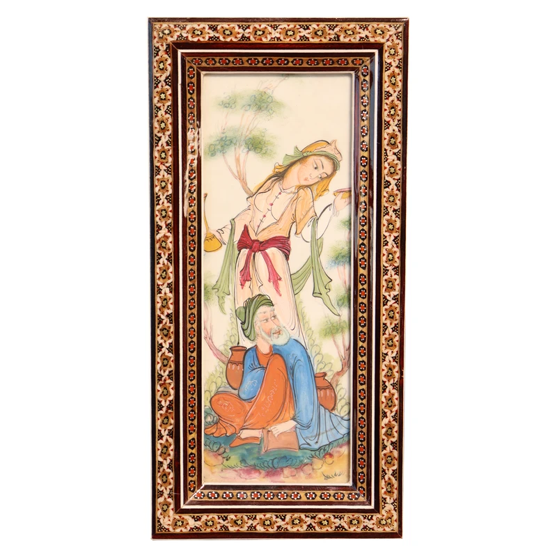 تابلو خاتم کاری چوبی صنایع دستی فاخر مدل سنتی طرح نقاشی کتایون و گشتاسپ کد 30p15in2510