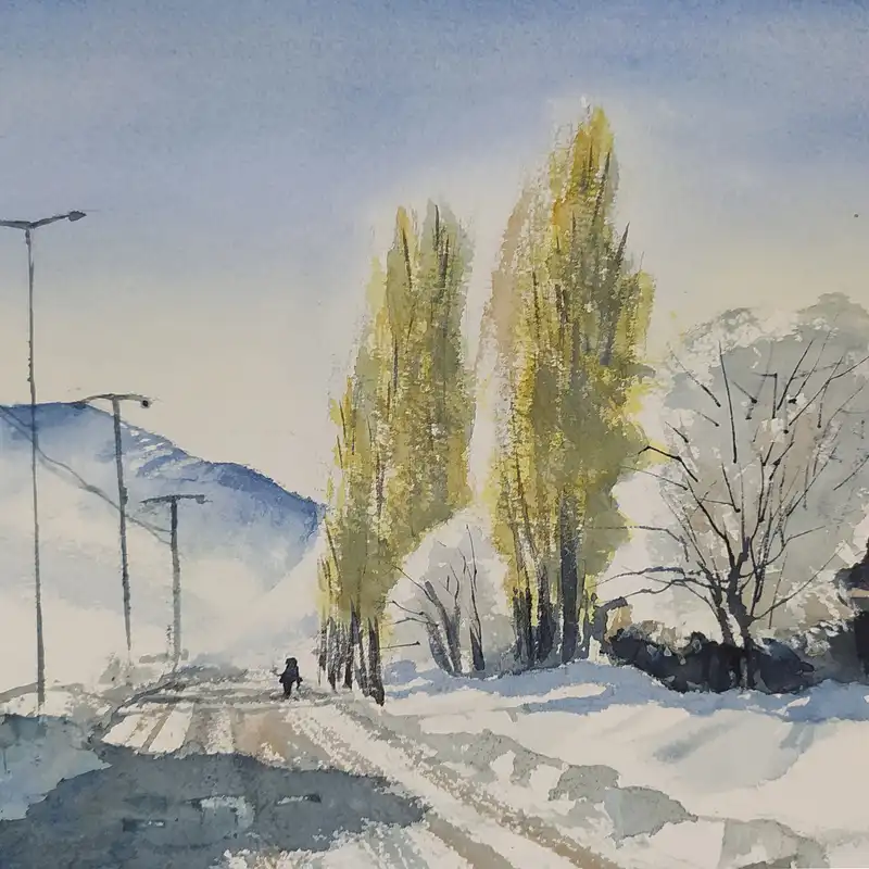 نقاشی آبرنگ طرح منظره برفی کد 83