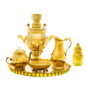 سرویس سماور ذغالی 6 پارچه برنجی مدل عدسی ترک دار کد 4426