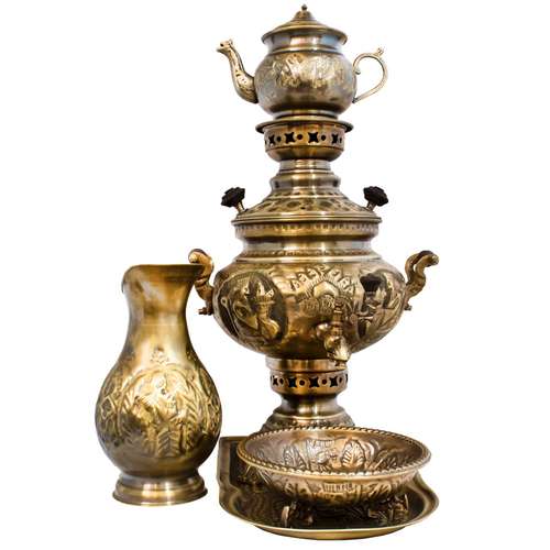 سرویس 5 پارچه سماور زغالی آریان کد 080010032 ظرفیت 4 لیتر