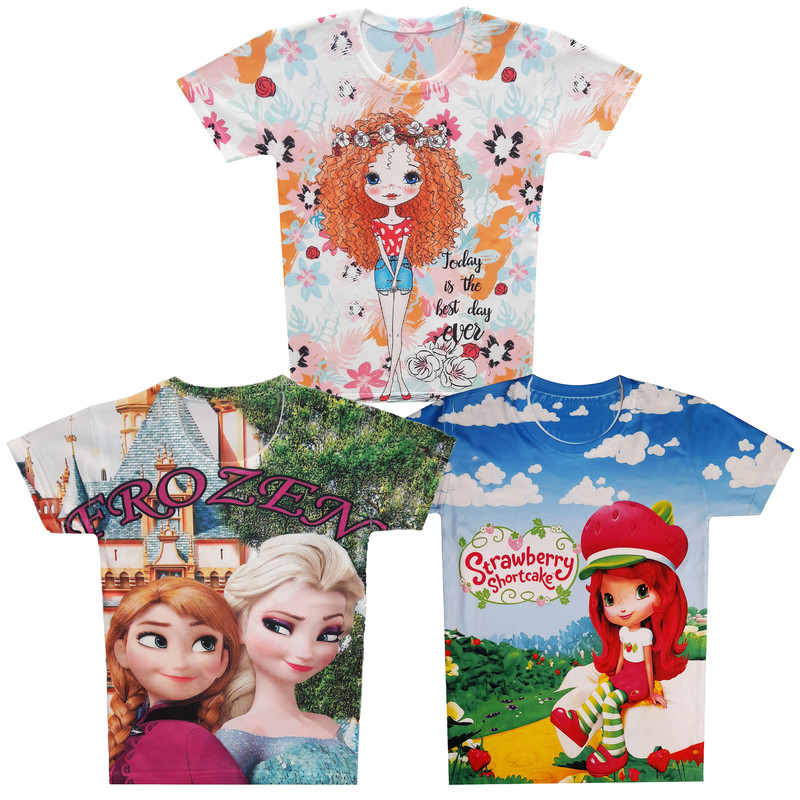 تی شرت آستین کوتاه دخترانه مدل السا و آنا و دختر توت فرنگی و عروسکی کد Ultra مجموعه 3 عددی