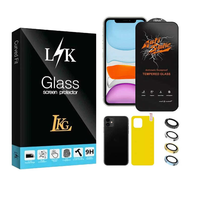 محافظ صفحه نمایش ال کا جی مدل انتی استاتیک مناسب برای گوشی موبایل اپل iPhone 11 Pro Max به همراه محافظ پشت گوشی و محافظ لنز