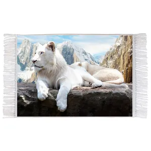 فرش ماشینی دیوارکوب اطلس آبی طرح شیر و کوهستان و برف مدل T1628 