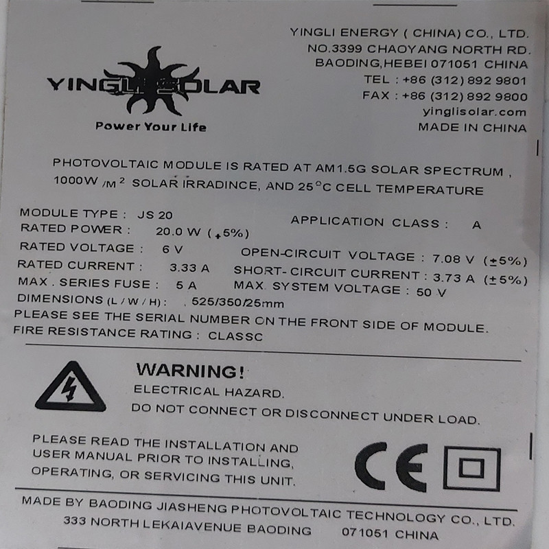 پنل خورشیدی پروژکتوری مدل Yingli ظرفیت 20 وات پنل خورشیدی پروژکتوری مدل Yingli ظرفیت 20 وات