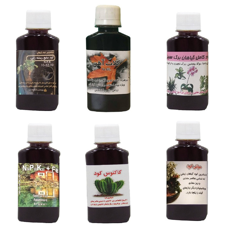 کود مایع فسفر ریشه زایی 10-52-10 و کلات آهن و کود کامل گیاهان برگ سبز و کود سه بیست و کود کاکتوس و مولتی کود مدل life drop حجم 120 میلی لیتر