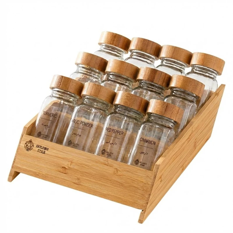 ست جای ادویه 12 پارچه گلدن استار مدل تمام بامبو کد PORO-500 به همراه جعبه کادویی