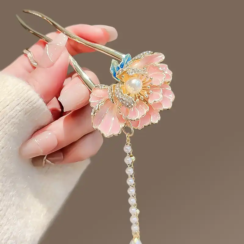 گیره مو زنانه مدل کانزاشی دو شاخه گل آهار