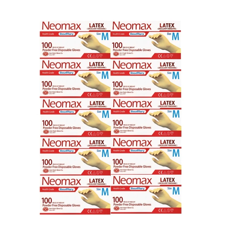 دستکش لاتکس غیر پودری حریر مدل نئومکس سایز متوسط (M) 10 بسته 100 عددی