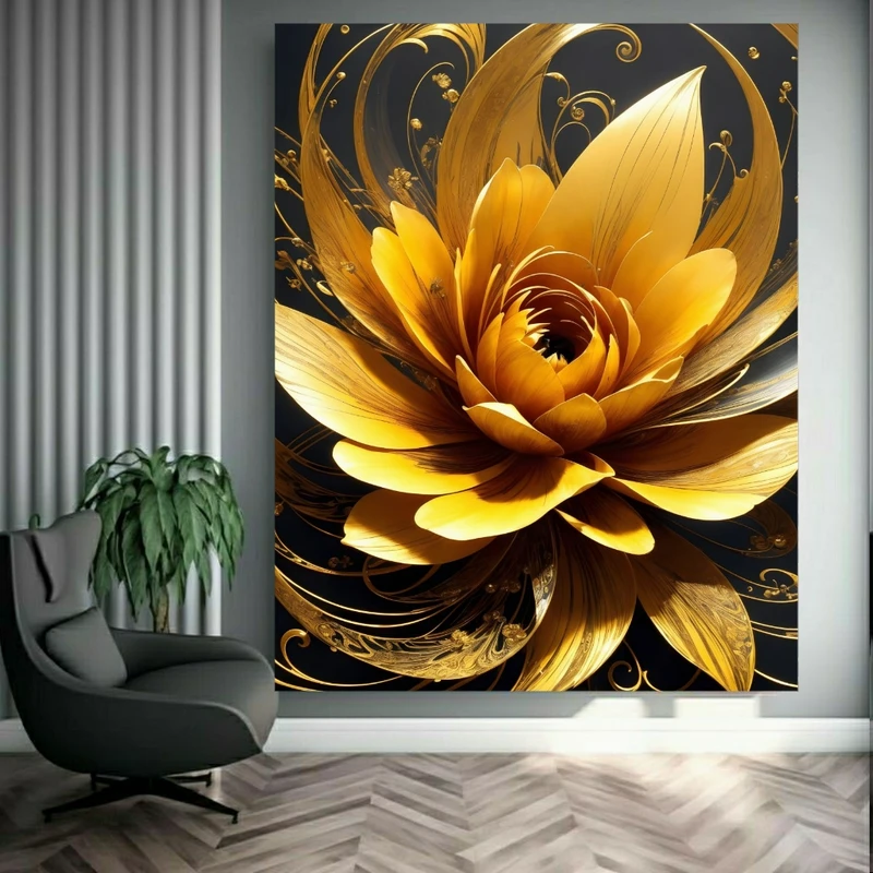 تابلو بوم طرح مخمل گل مدل طلایی کد BK23707