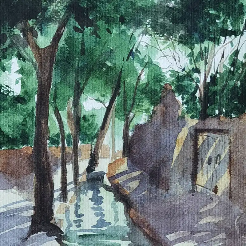 نقاشی آبرنگ مدل کوچه تابستانی کد 1007