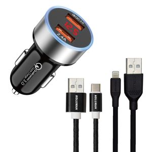 شارژر فندکی کلومن مدل KC - C06 همراه کابل USB-C و لایتنینگ