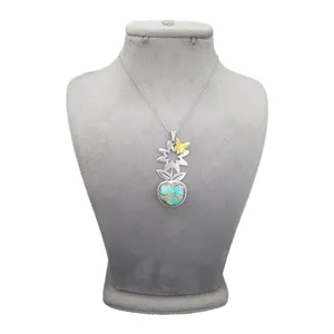 گردنبند نقره زنانه ترمه ۱ مدل گل و فیروزه  کد me 0087