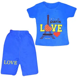 ست تی شرت آستین کوتاه و شلوارک دخترانه مدل Eiffel رنگ آبی