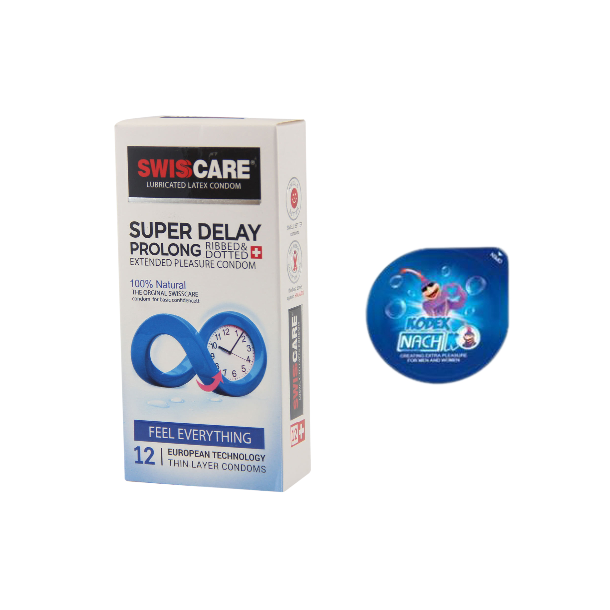 کاندوم سوئیس کر مدل Super Prolong بسته 12 عددی به همراه کاندوم ناچ کدکس مدل بلیسر