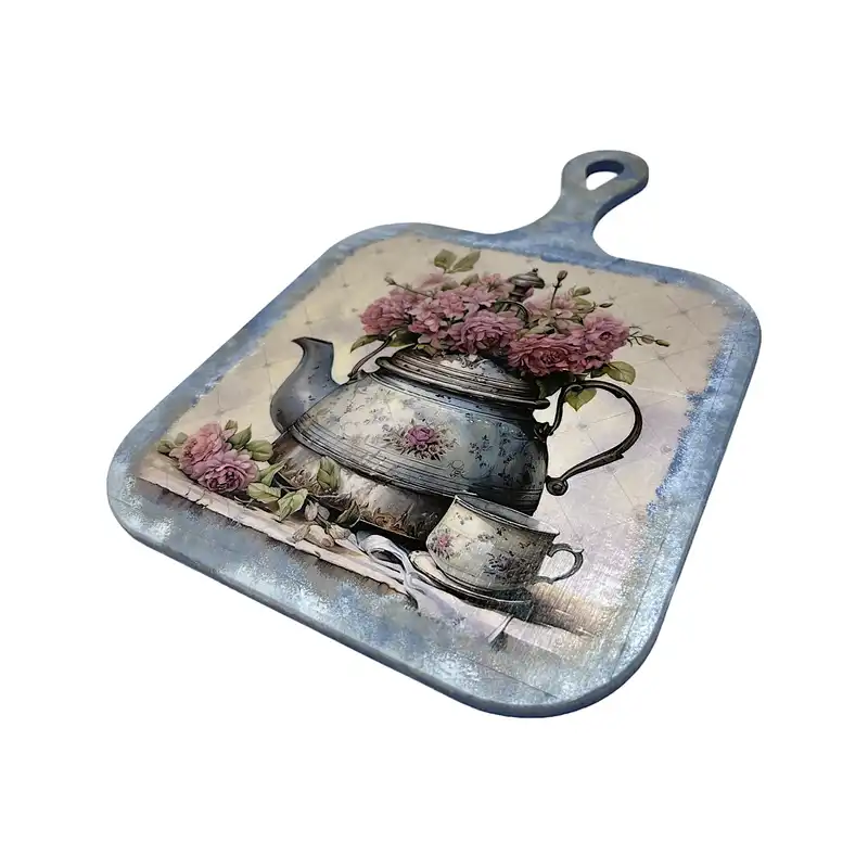 تخته سرو چوبی طرح قوری و فنجان گلدار کد VA-12