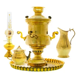 سرویس سماور ذغالی 6 پارچه برنجی مدل استوانه ای کد 4198