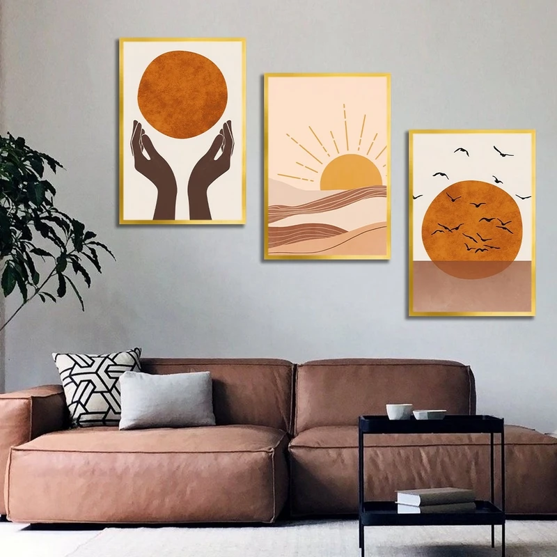تابلو ساده بکلیت طرح نقاشی مینیمال خورشید مدل شاین اکلیلی T-2719 فریم طلایی مجموعه 3 عددی