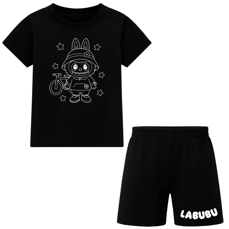 ست تی شرت آستین کوتاه و شلوارک راحتی دخترانه مدل E04 طرح LABUBU