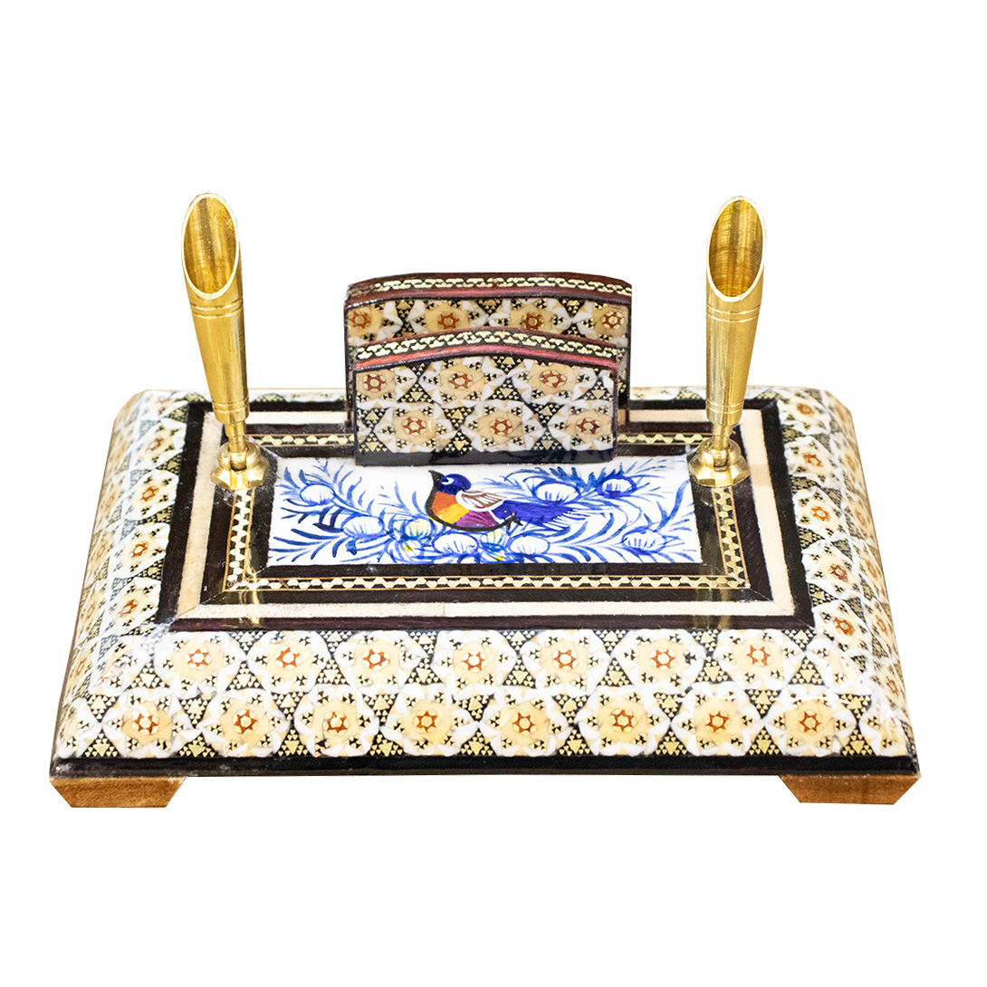 قلمدان خاتم کاری چوبی صنایع دستی فاخر مدل اداری طرح گل و مرغ برجسته کد Bl15p11-1f4