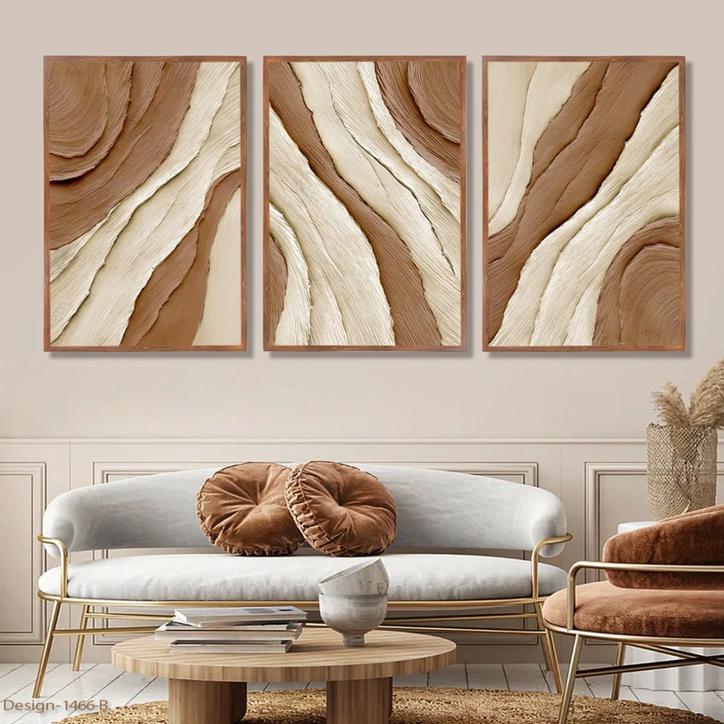 تابلو طرح دکوراتیو مدرن کد1466 فریم قهوه ای روشن مجموعه سه عددی