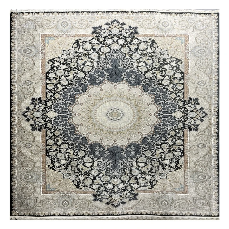 فرش ماشینی 1200 شانه زمینه نوک مدادی حاشیه طوسی مدل نیلوفر