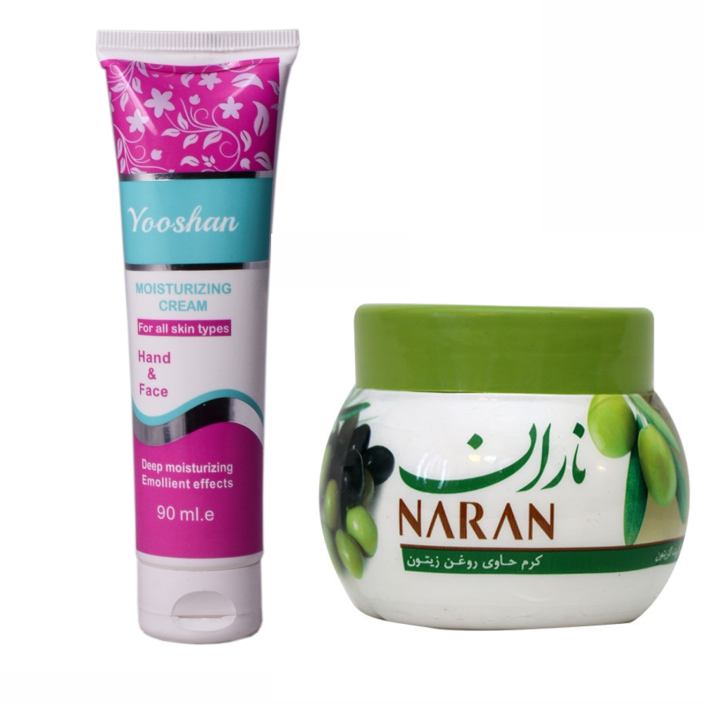 کرم مرطوب کننده یوشان مدل روغن بادام حجم 90 میلی لیتر به همراه کرم مرطوب کننده ناران مدل زیتون وزن 180 گرم