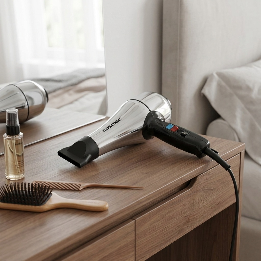 سشوار حرفه‌ای 1800 وات گوسونیک مدل GHD-229، موتور AC، وزن 892 گرم، دارای سری متمرکز‌کننده پهن با ویژگی حجم‌دهندگی، با قابلیت فناوری تولید یون، باد سرد