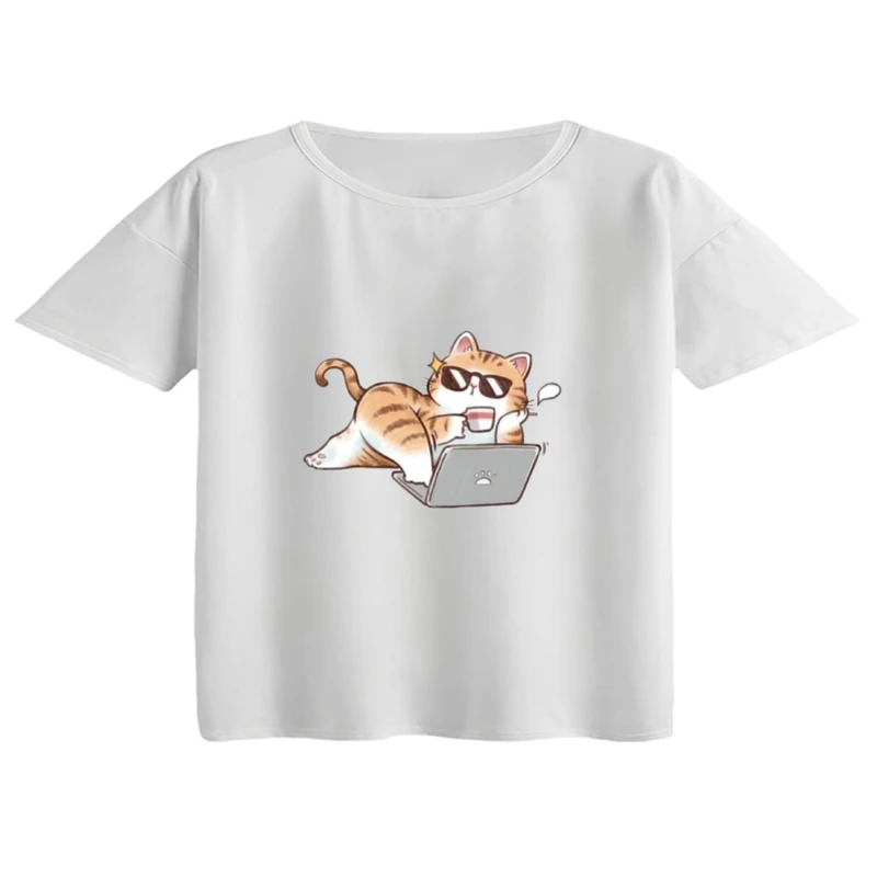کراپ تی‌شرت آستین کوتاه زنانه مدل گربه و لپ تاپ