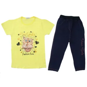 ست تی شرت و شلوار دخترانه مدل جغد نگین دار رنگ زرد