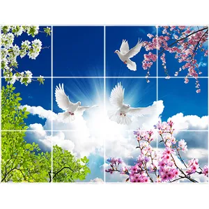 تایل سقفی آسمان مجازی طرح درخت بید ، پرندگان و شکوفه  کد ST 2359-12 سایز 60x60 سانتی متر مجموعه 12 عددی