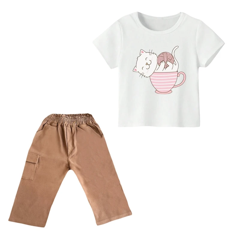 ست تی شرت و شلوارک دخترانه مدل گربه کد 21