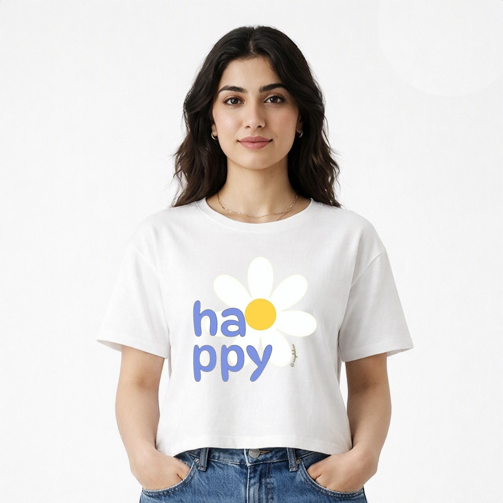 تی شرت آستین کوتاه زنانه مدل کراپ طرح نوشته و گل کد p2