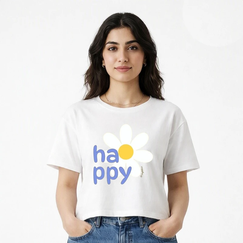 تی شرت آستین کوتاه زنانه مدل کراپ طرح نوشته و گل کد p2