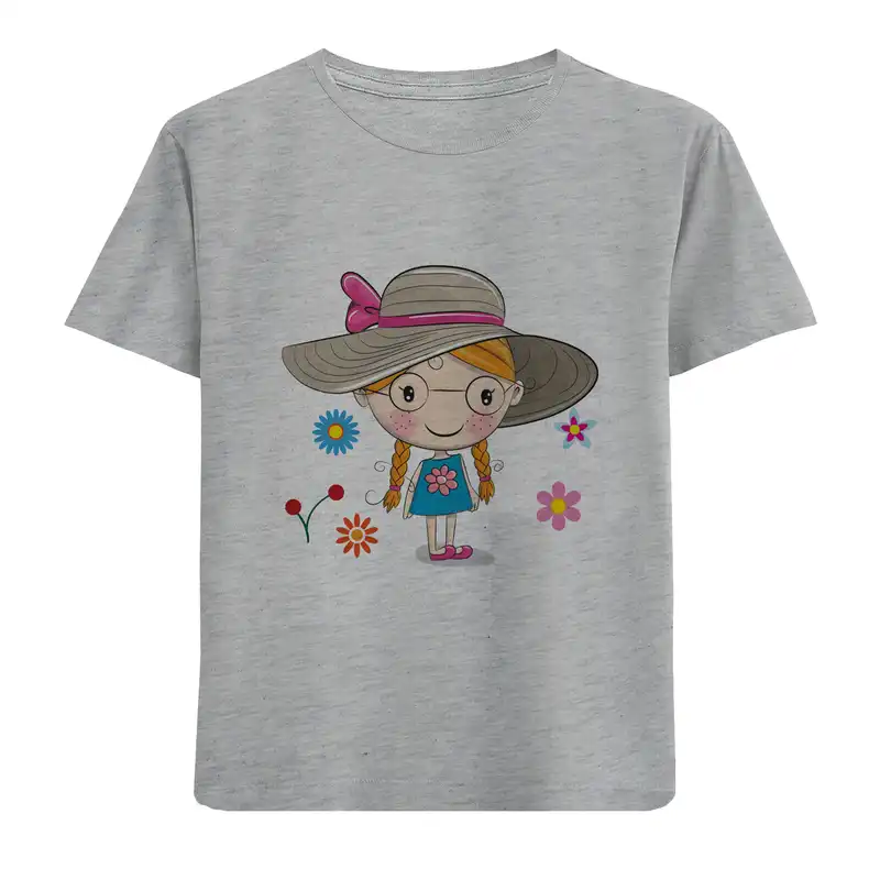 تی شرت آستین کوتاه بچگانه مدل دخترکلاه حصیری D177