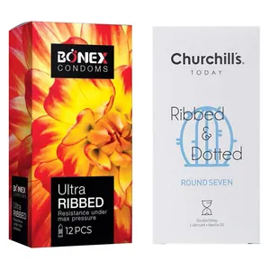 کاندوم چرچیلز مدل Round Seven بسته 12 عددی به همراه کاندوم بونکس مدل Ultra Ribbed بسته 12 عددی 