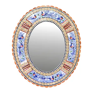 آینه خاتم کاری مدل الیپس طرح گل و مرغ برجسته کد 46p38-1f4Bl