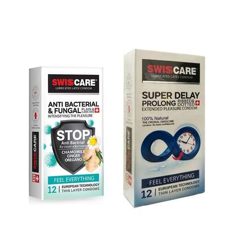 کاندوم سوئیس کر مدل ANTI BACTERIAL بسته 12 عددی  به همراه کاندوم سوئیس کر مدل SUPER DELAY بسته 12 عددی