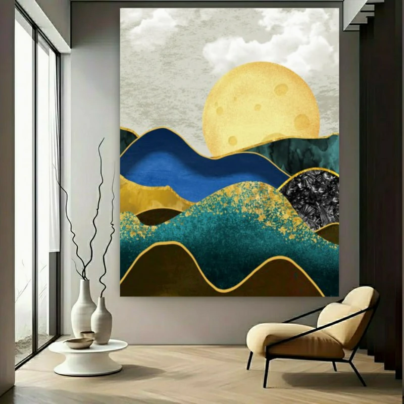 تابلو بوم طرح مخمل نقاشی انتزاعی طبیعت مدل صخره و ماه کد BK23639