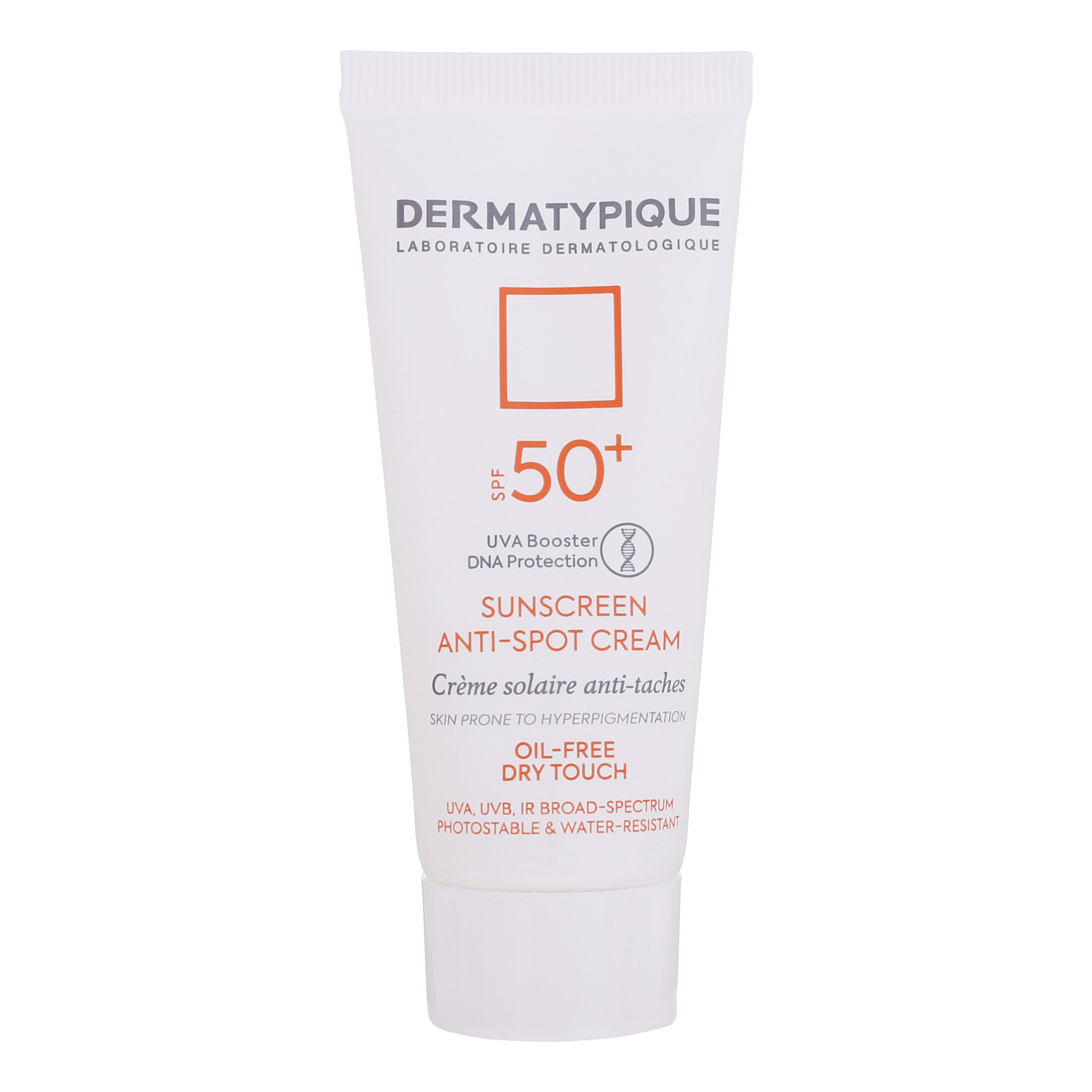 کرم ضد آفتاب بدون رنگ درماتیپیک SPF50 مدل Anti spot محافظ UVA ،UVB، ضد آب، روشن‌کننده، ضد لک، مناسب انواع پوست حجم 40 میلی‌لیتر