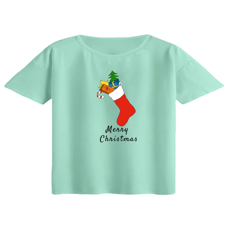 کراپ تی‌شرت آستین کوتاه زنانه مدل جوراب کریسمس