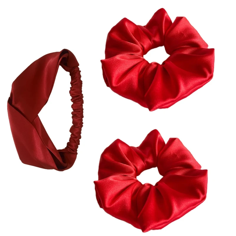 ست کش و هدبند موی زنانه مدل ساتن ابریشم کد np440 مجموعه سه عددی