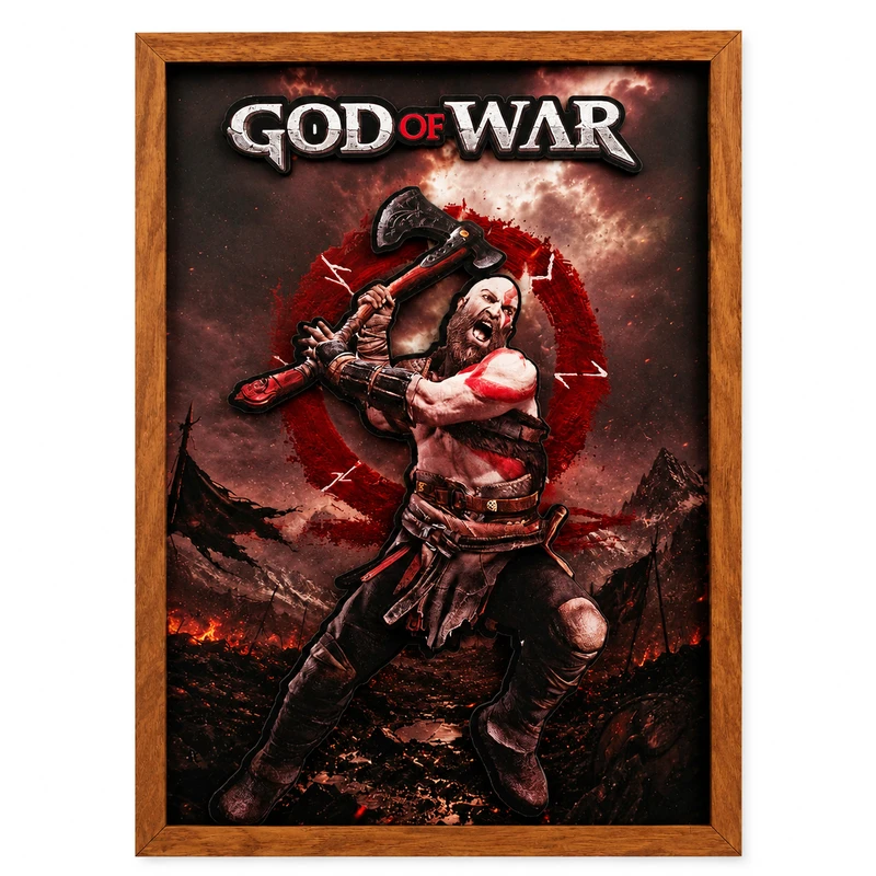 تابلو طرح سه بعدی مدل GOD OF WAR فریم قهوه ای