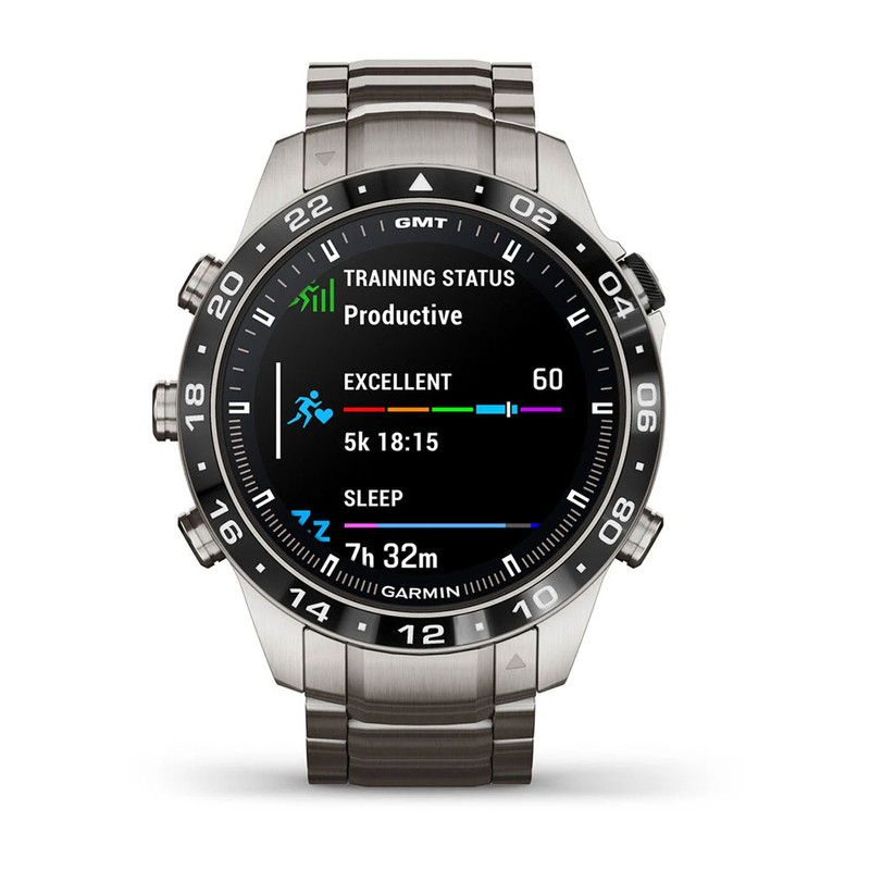ساعت هوشمند گارمین مدل MARQ Aviator (Gen 2) دارای قابلیت های صفحه نمایش لمسی، با حالت های ورزشی مختلف، پایش وضیعت استرس، با 32 گیگابایت حافظه داخلی بند تیتانیوم