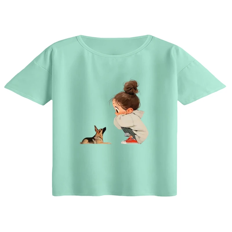 کراپ تی‌شرت آستین کوتاه زنانه مدل دختر و سگ