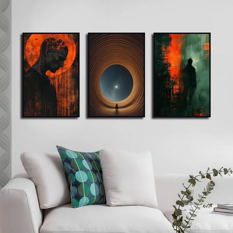 تابلو ساده بکلیت مدل شاین اکلیلی B-3090 طرح نقاشی هنری و مرد تنها فریم سیاه مجموعه 3 عددی