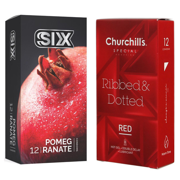 کاندوم چرچیلز مدل Ribbed & Dotted Red بسته 12 عددی به همراه کاندوم سیکس مدل انار بسته 12 عددی