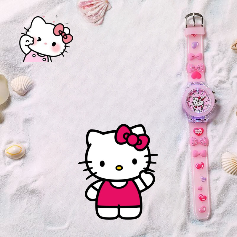 ساعت مچی عقربه‌ای کوارتز بچگانه مدل بند سیلیکونی چراغدار طرح هلو کیتی